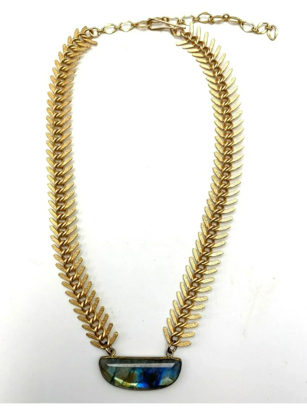 Swara Labradorite Necklace Fishbone Artisan Handmade Brass 14k Gold Plated - Picture 6 of 7